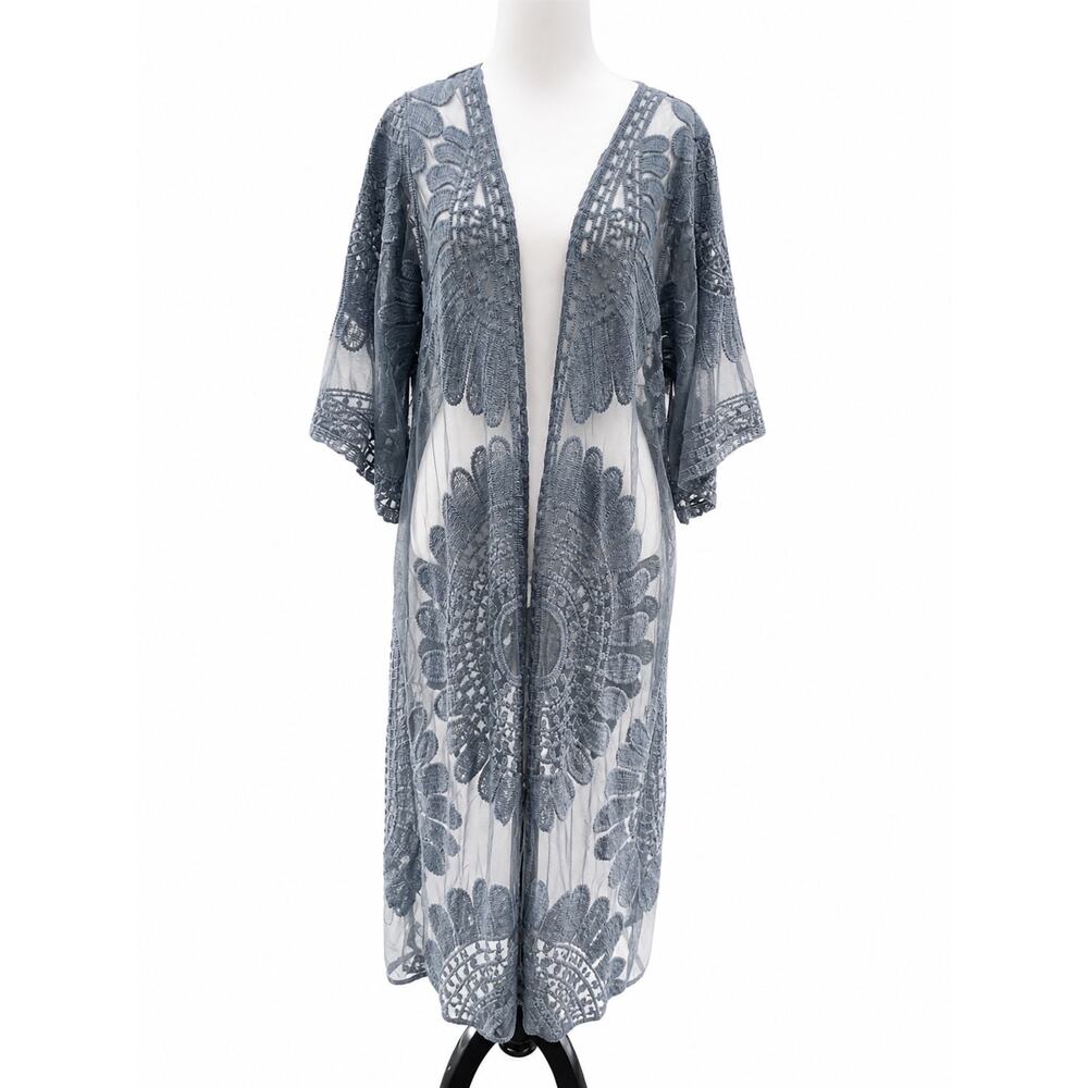 Rebellion Again Lace Kimono Gray Floral Embroidered Boho Size L Whimsical Fairy - Picture 2 of 8